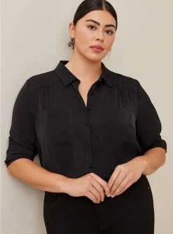 TORRID Madison Crepe De Chine Button-Front Long Sleeve Shirt