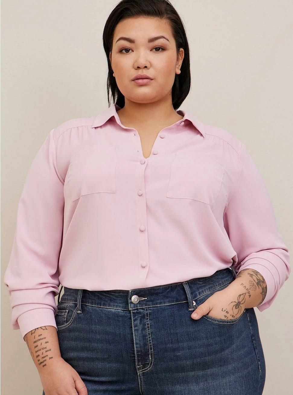 TORRID Madison Crepe De Chine Button-Front Long Sleeve Shirt