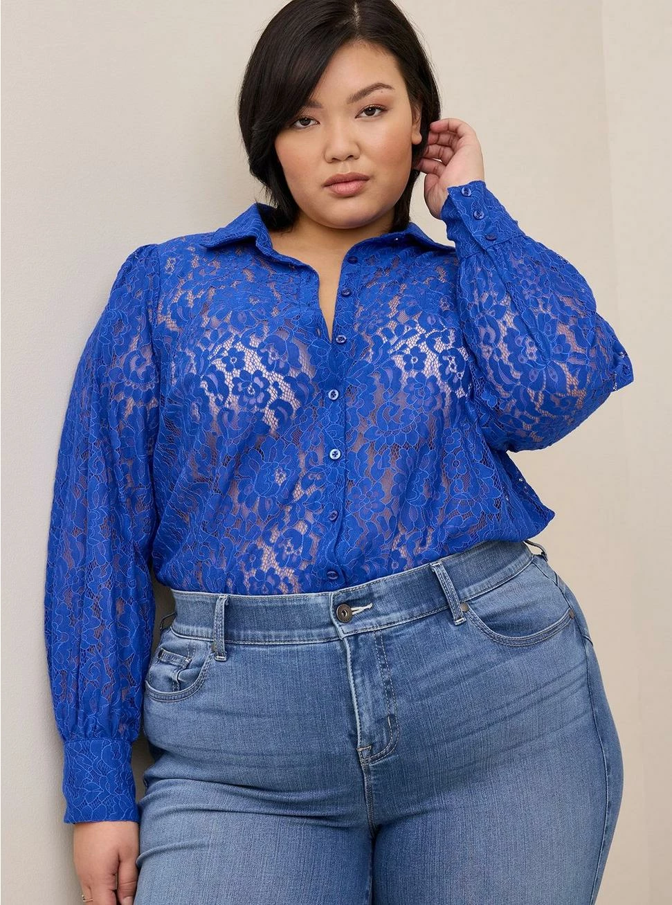 TORRID Madison Lace Button-Up Long Sleeve Shirt