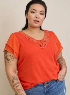 TORRID Super Soft Slub Crochet Inset Chiffon Flutter Sleeve Top