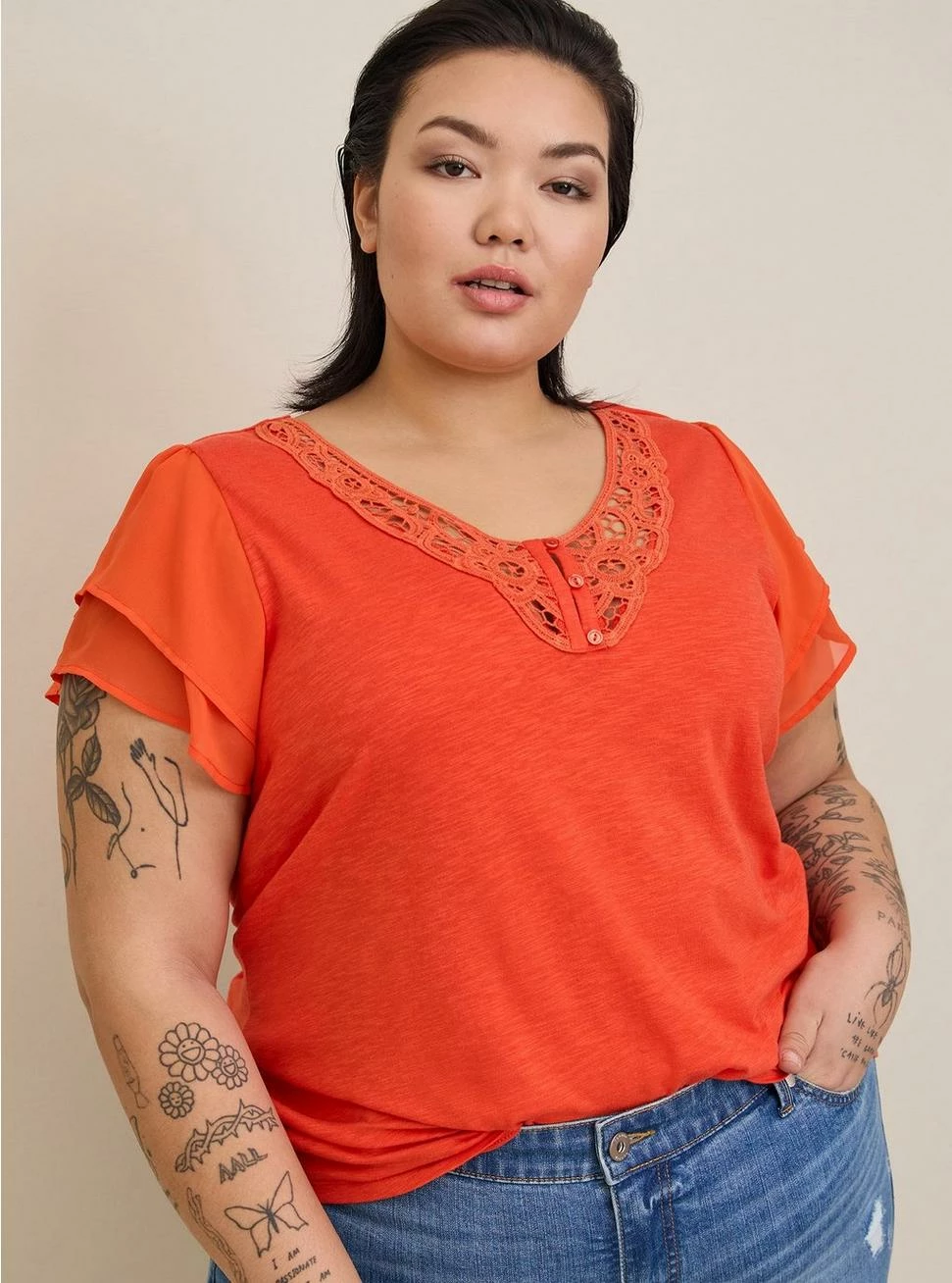 TORRID Super Soft Slub Crochet Inset Chiffon Flutter Sleeve Top