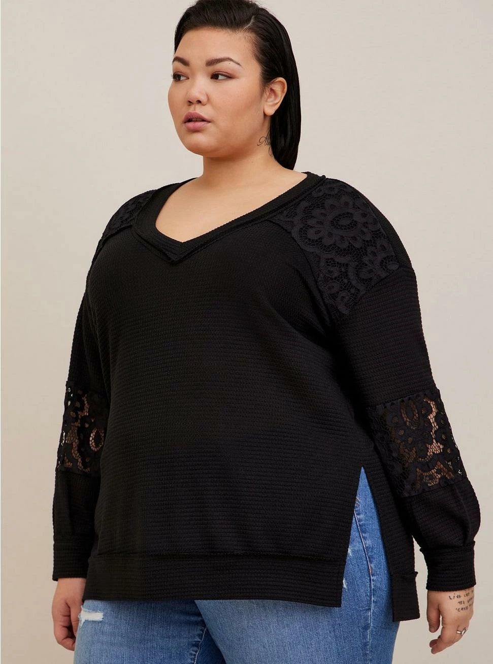 TORRID Waffle V-Neck Lace Inset Sweatshirt