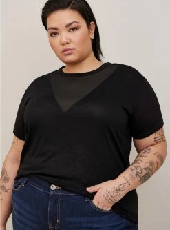TORRID Relaxed Fit Feather Soft Slub V-Mesh Inset Tee