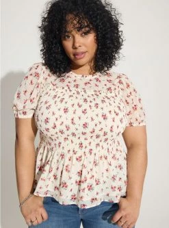 TORRID Chiffon Ruffle Mock Neck Smocked Crop Top